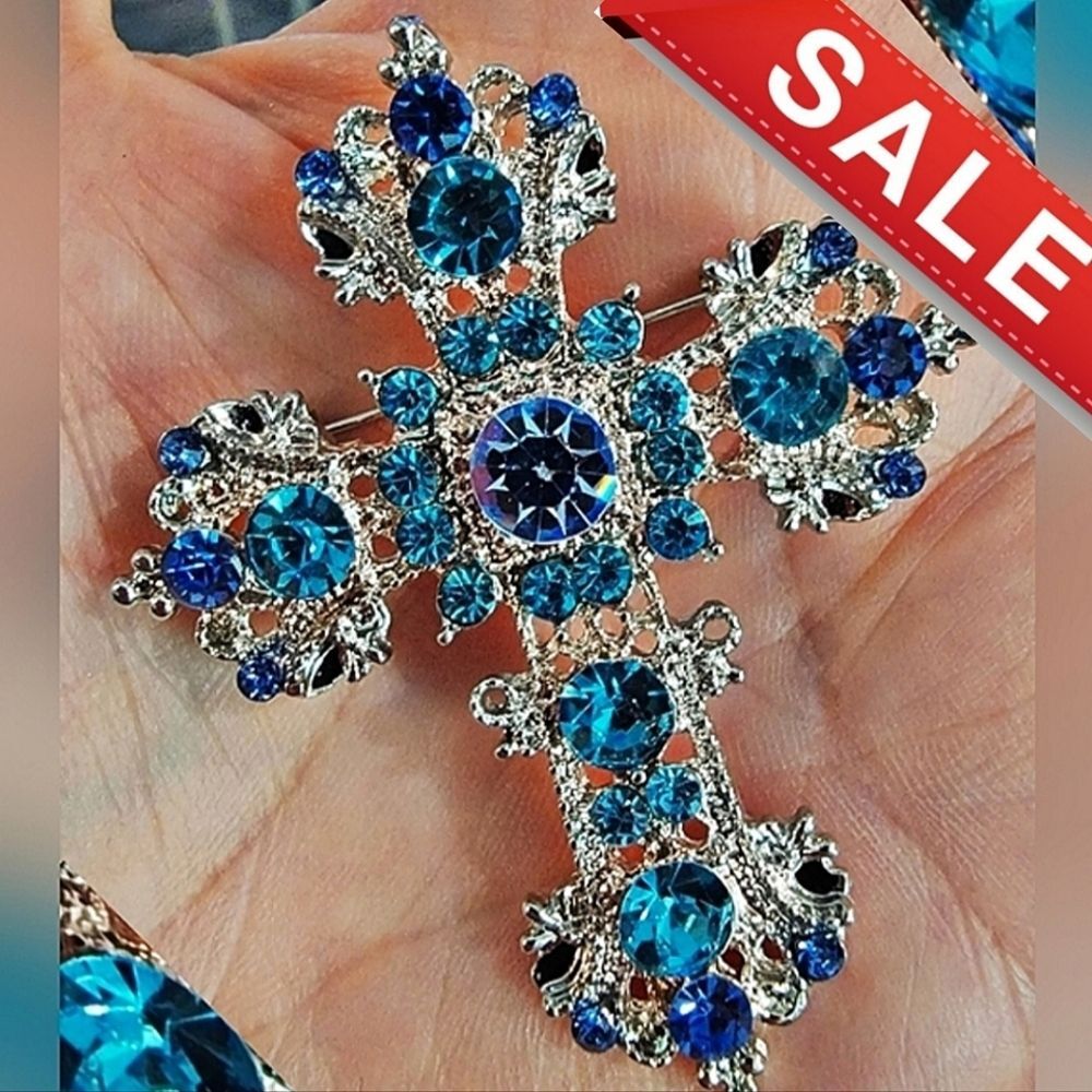 #Vintage #BlueTopaz Clear Crystal Ornate Cross #Pendant #Brooch #Pin 1.75" x 1.5